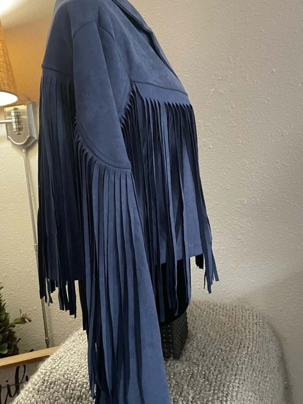 Blue Fringe Faux  Suede Jacket - Women - Picture 2 of 9